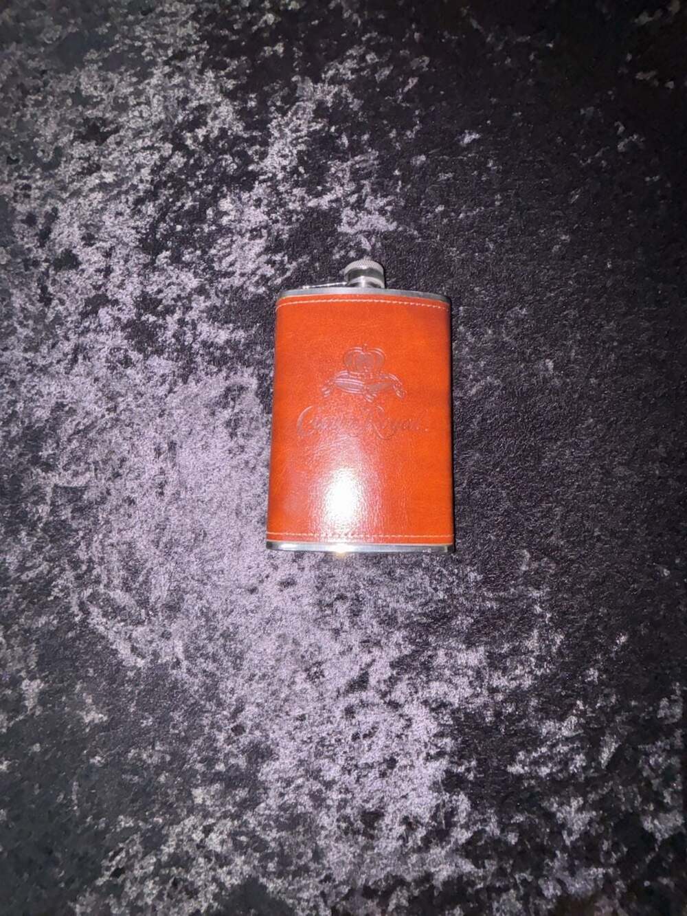 Crown Royal Brown Leather Wrapped Stainless Steel Hip Flask